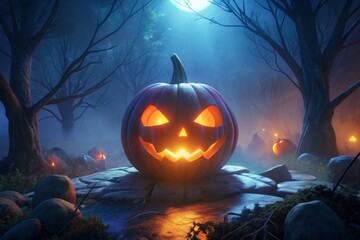 A spooktacular halloween night with glowingly carved pumpkin under moonlight