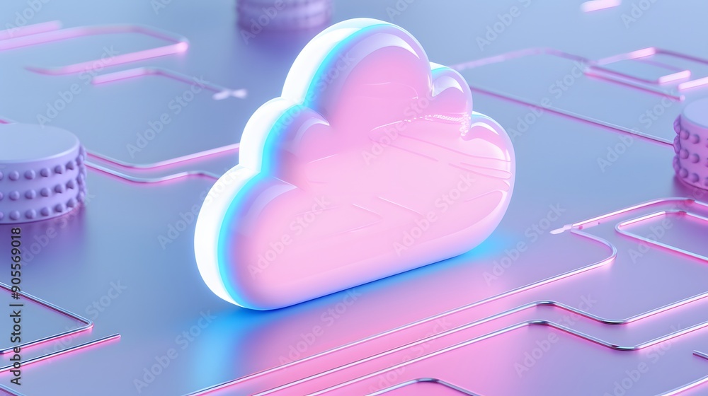 Poster neon cloud storage icon on a digital circuit board representing data and technology innovation in a 