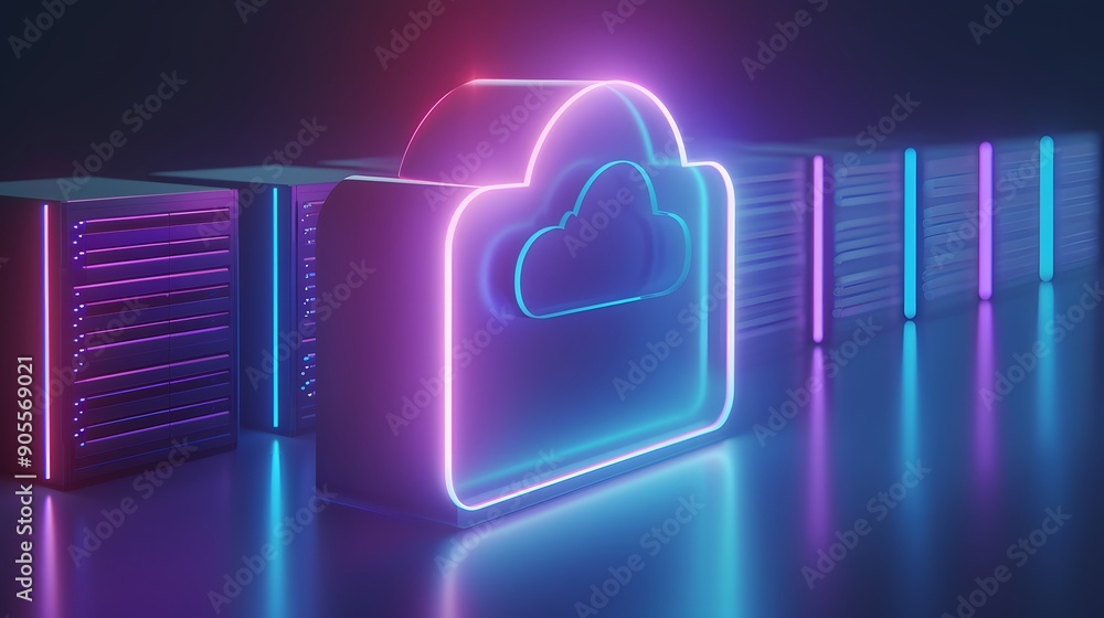 Poster neon cloud storage icon with server stacks. concept of data storage, cloud computing, and futuristic