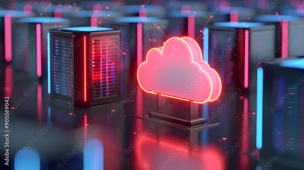 Poster neon cloud symbol amidst glowing server racks in a futuristic data center, emphasizing cloud computi
