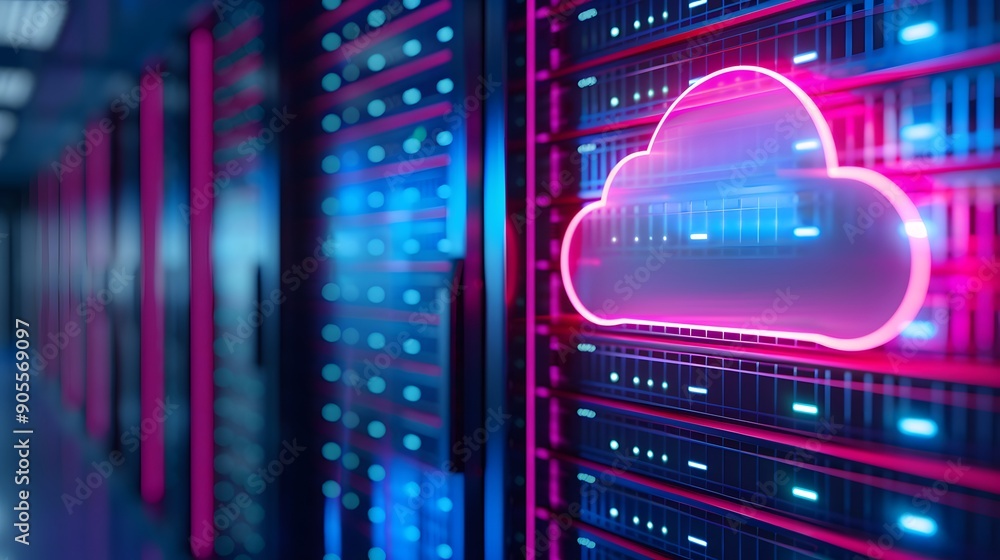 Poster neon cloud symbol in blue data center. concept of modern cloud computing technology and data storage