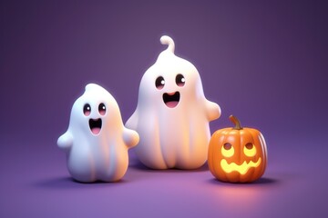 Fototapeta premium Playful Ghost Characters and Carved Pumpkin Creating a Joyful Halloween Vibe