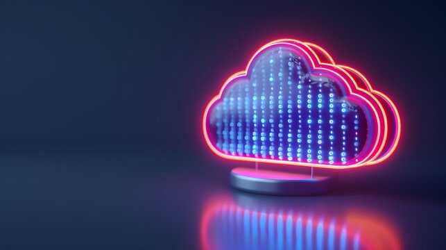 Neon cloud sign with binary code, representing digital cloud computing, data storage, and technology in a modern, futuristic design.