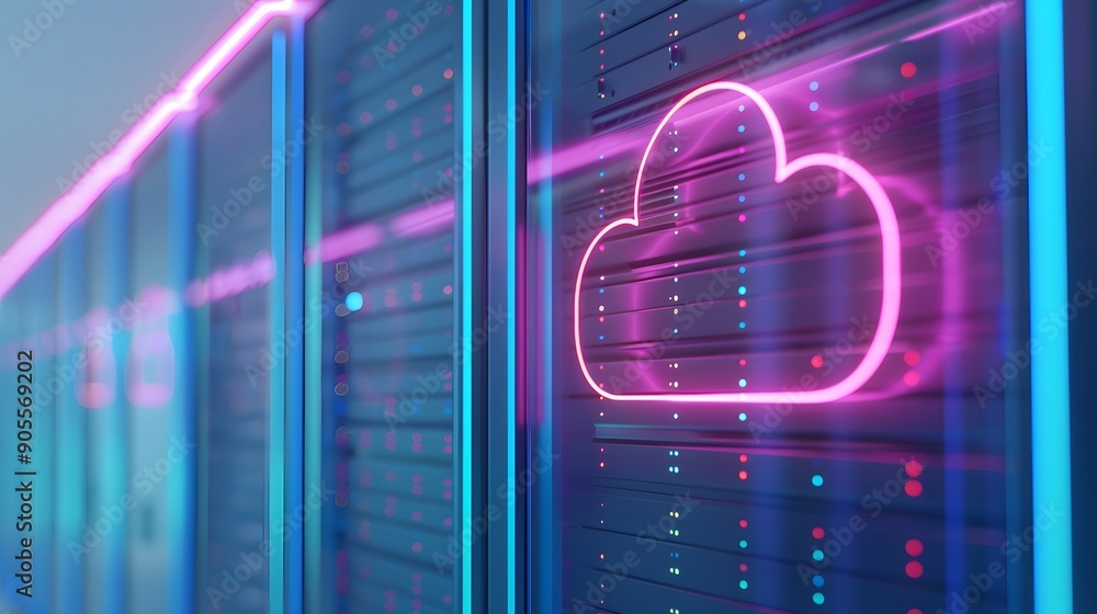 Poster neon cloud symbol on server racks representing modern cloud computing, data storage, and internet te