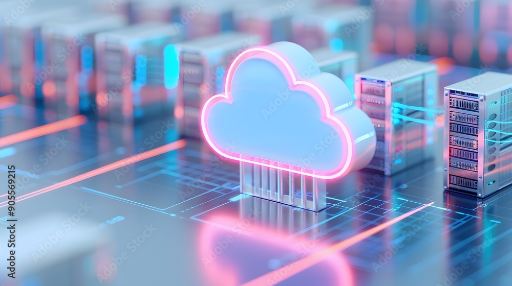 Poster neon cloud symbolizing cloud computing technology, servers, and data storage in a futuristic, digita
