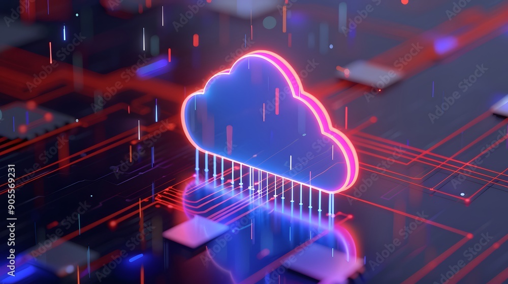 Aufkleber neon cloud technology concept with dark background. high-tech digital connection and data storage re