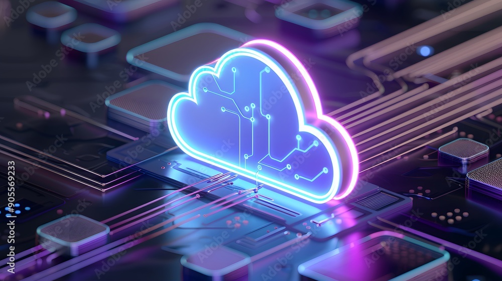 Poster neon cloud technology concept on a digital circuit board. futuristic design showcasing cloud computi