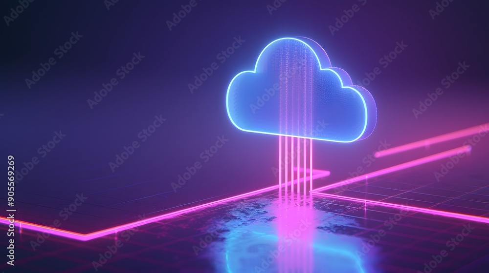 Poster neon cloud with lines of data flowing, representing digital cloud computing and modern technology on