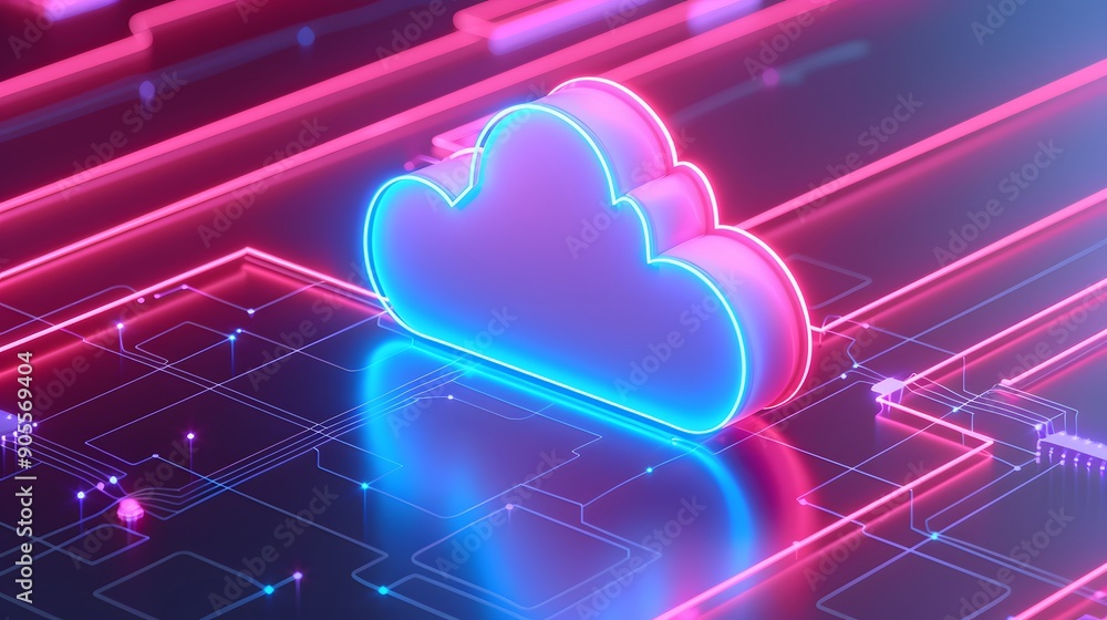 Poster neon glowing cloud icon on futuristic circuit board. representing cloud computing, data storage, and