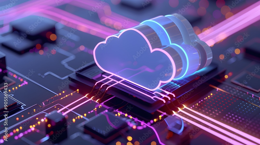 Poster neon glowing cloud icon representing cloud computing technology on a futuristic circuit board with i
