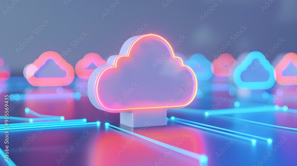 Poster neon glowing cloud icon representing cloud computing and digital network technology on a futuristic 