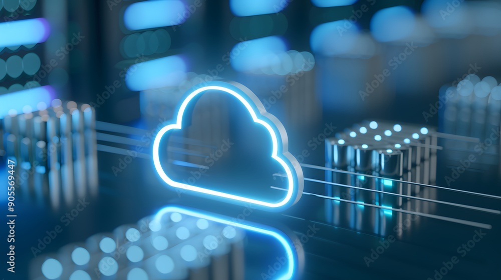 Poster neon glowing cloud icon representing cloud computing and data storage technology over a futuristic d