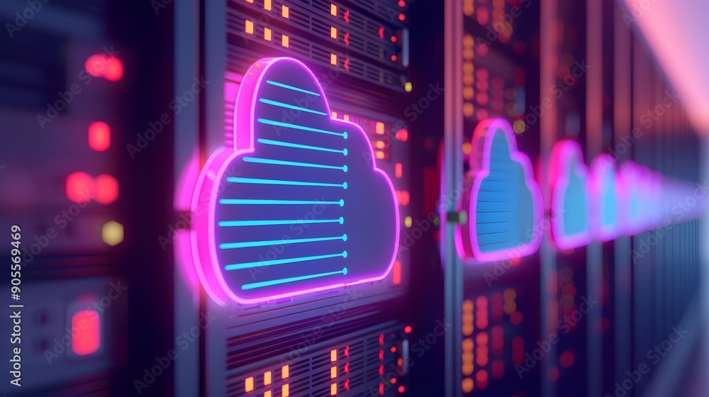 Poster neon glowing cloud icons on server racks representing cloud computing and data storage. futuristic t