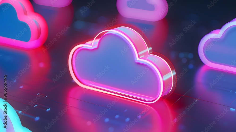 Poster neon glowing cloud symbols representing cloud computing and digital technology in a futuristic, mode