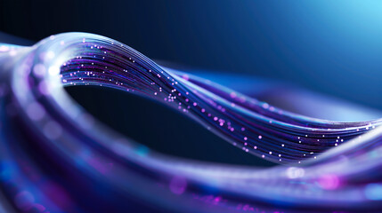 Fiber optic strands form a graceful wave in blue and purple hues. The delicate glow and intricate details illustrate the sophistication and efficiency of high-speed data networks.