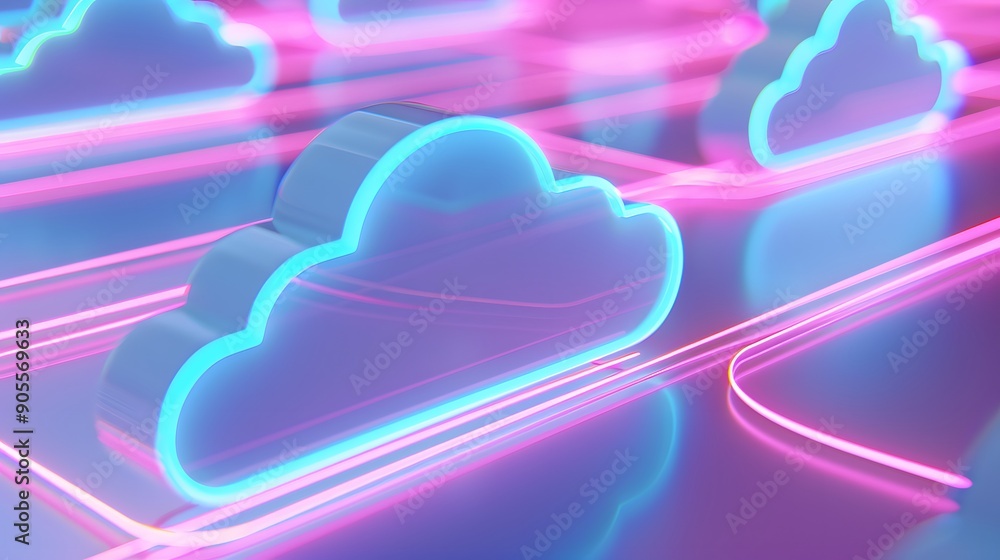Poster neon-colored cloud icons representing cloud computing with futuristic, glowing lines on a reflective