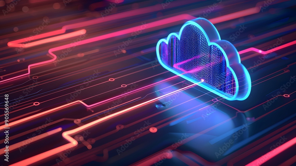 Poster neon-colored cloud icon on a futuristic digital background symbolizing cloud computing and modern te
