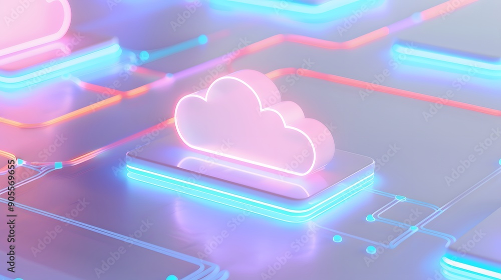 Poster neon-lit cloud computing graphic showcasing digital data storage technology with glowing network con