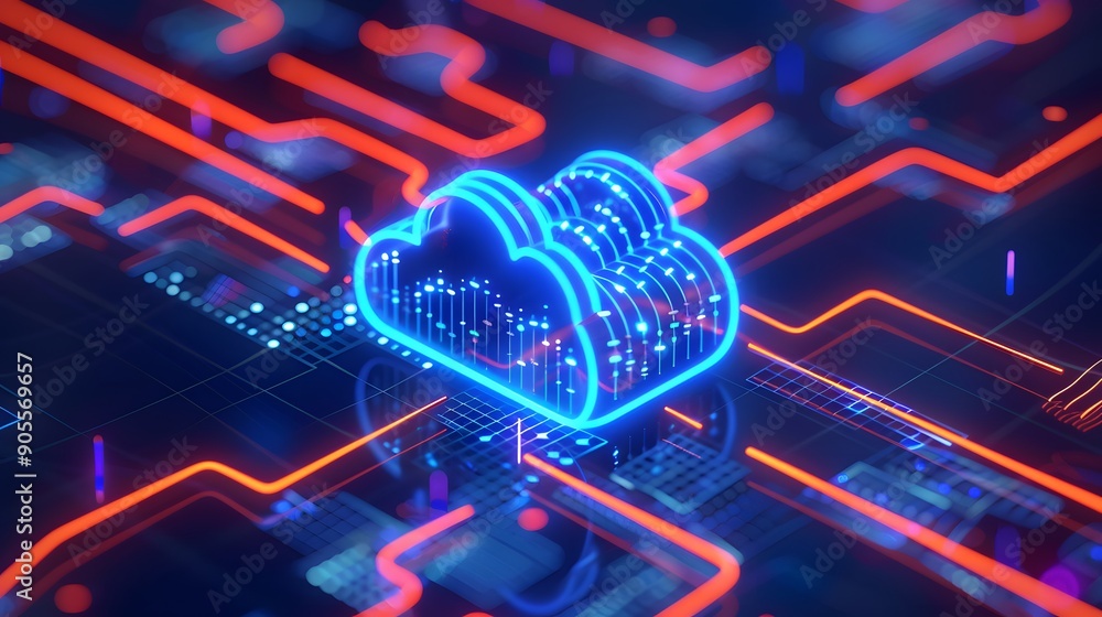 Poster neon-lit cloud computing concept with vibrant circuitry. represents digital technology, data storage