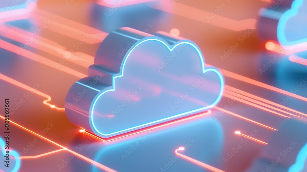 Poster neon-lit cloud icons on a futuristic circuit board representing cloud computing and digital connecti