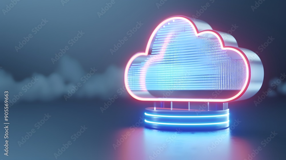 Poster neon-lit cloud icon on a reflective dark surface representing cloud computing technology and modern 