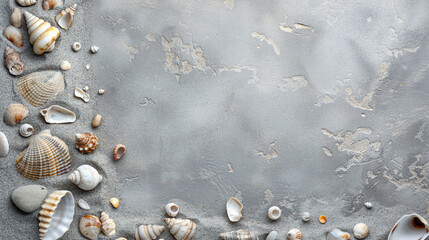 Fototapeta premium Gray background with scattered seashells and sand in a top view. Coastal theme with natural marine elements perfect for summer and beach designs