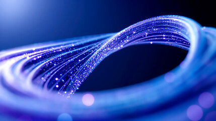 Fiber optic strands gracefully curve and glow in blue and purple tones. The dynamic flow and sparkling points highlight the sophistication and efficiency of modern digital communication networks.