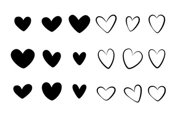 Set of black hearts, stylized hearts of different shapes on a white background. Hearts for Valentine's Day. Vector illustration. Love romance and wedding symbols