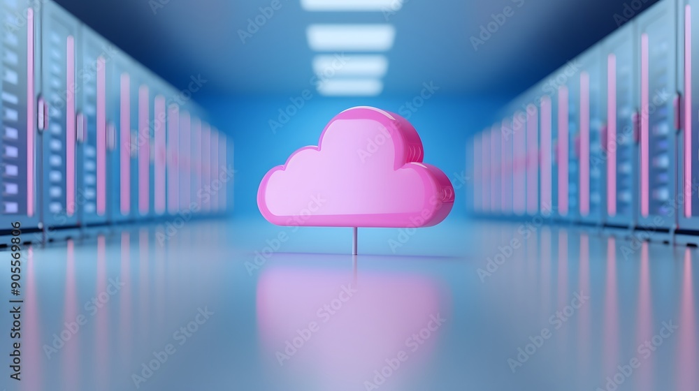Poster pink cloud icon in modern data center with servers, symbolizing cloud computing and data storage tec