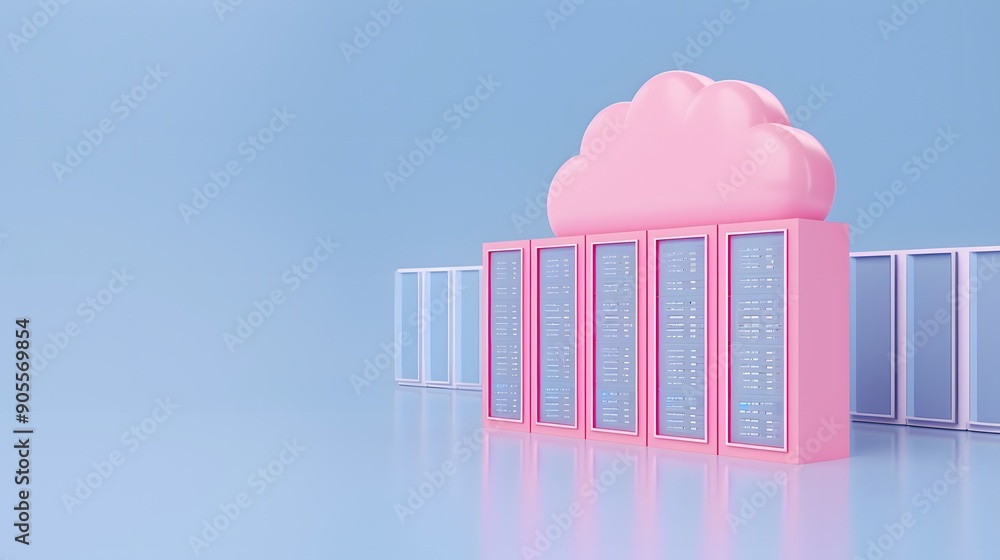 Poster pink cloud server data center in minimalistic style against a blue background symbolizing modern clo