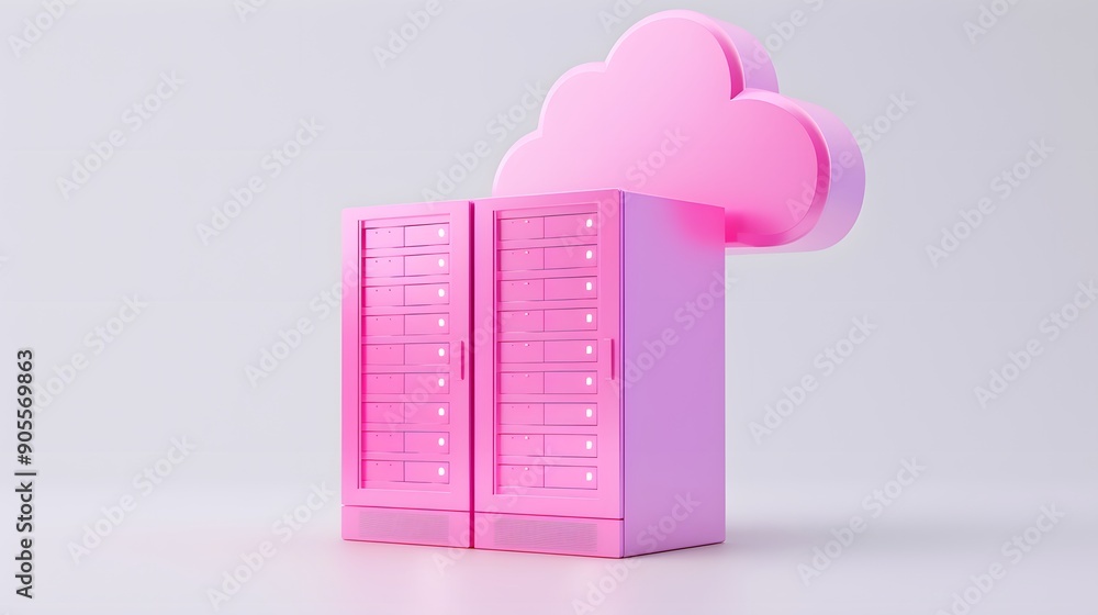 Poster pink cloud computing servers 3d render representing futuristic online data storage and digital commu