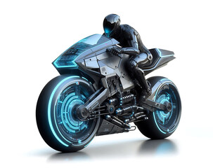 Motorrad aus moderner Zukunft futuristisch technischer Fortschritt cooles Design Ingenieur technische Entwicklung Geschwindigkeit Zweirad weißer Hintergrund Beförderung Rad 3D Rennen Motor