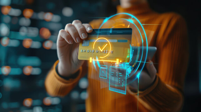 Confirming secure online payment: Person using a credit card through a digital interface with verification tick symbol, fintech, internet banking