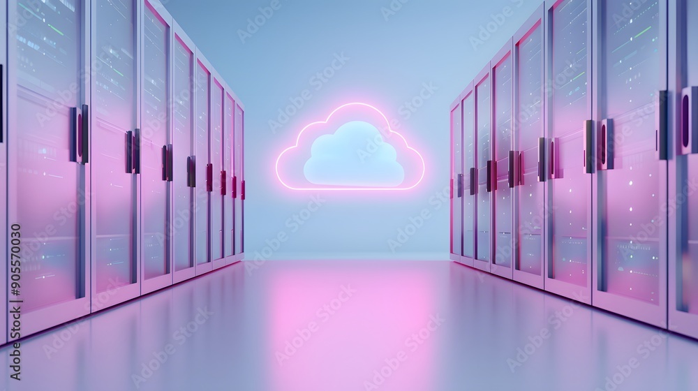 Poster stylish data center with neon cloud icon representing cloud computing infrastructure and modern tech