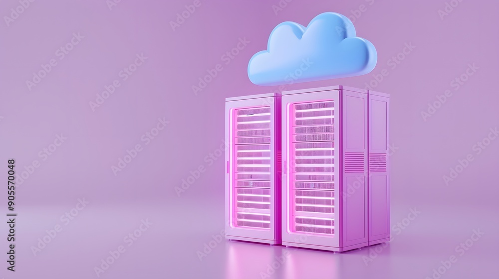 Poster stylized image of pink server racks with a blue cloud icon symbolizing cloud computing on a pastel p
