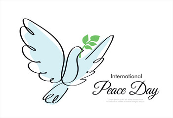 One continuous line drawing of dove or pigeon with olive branch. Bird symbol of peace and freedom in simple linear style. International peace day concept.