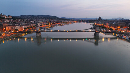 Photo taken by drone of the chain bridge and riverside before sunrise & Budapest The Chain Bridge