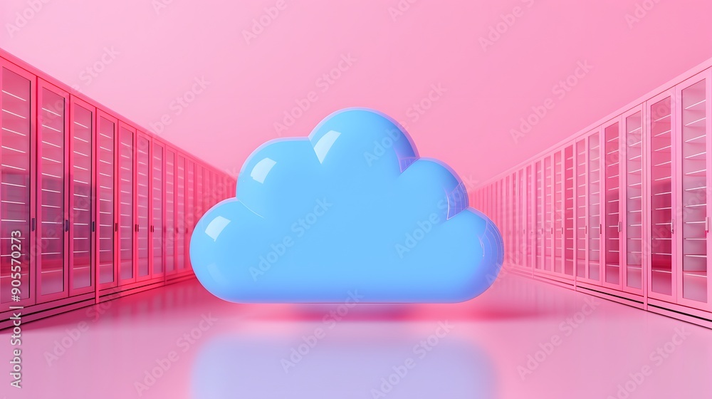 Poster vibrant image of a blue cloud icon in a futuristic pink and red-themed server room, symbolizing mode