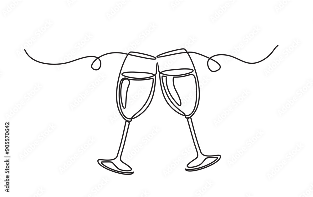 Poster continuous one line drawing of cheers two glasses with champagne. romantic toast concept in linear s