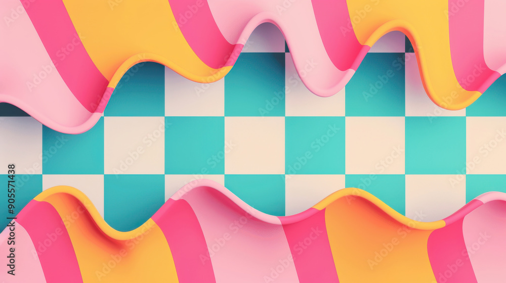 Poster colorful wavy patterns contrast with a checkerboard design, creating a vibrant, playful background p