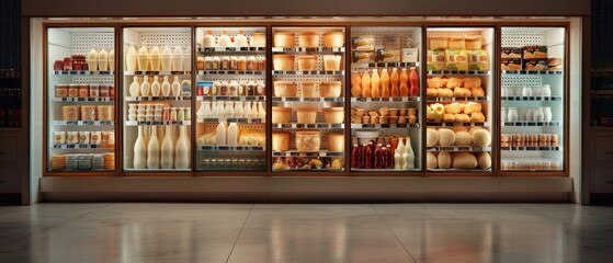 Obraz premium A well-stocked supermarket refrigerator display featuring a variety of dairy products, beverages, and groceries in bright lighting.