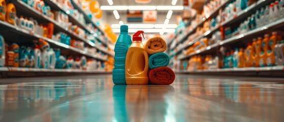 Cleaning products and towels arranged in an aisle of a supermarket, emphasizing cleanliness and hygiene essentials in a store setting.