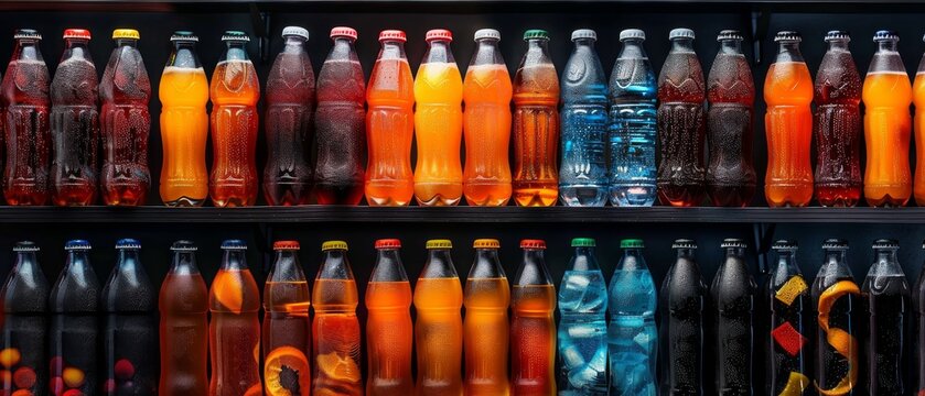 Colorful bottles of various soft drinks and beverages neatly arranged on shelves in a store or vending machine.
