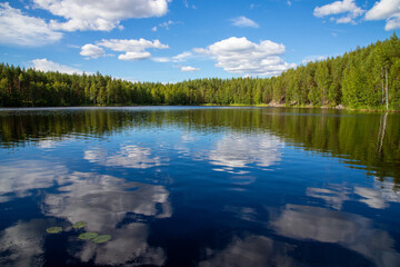 beautiful lace scenery in finland. green trees and blue skies.