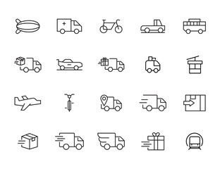 Travel and Transport line icon set. Containing car, bike, plane, train, bicycle, motorbike, bus and scooter icons. Transportation Simple line icon collections