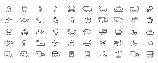 Travel and Transport line icon set. Containing car, bike, plane, train, bicycle, motorbike, bus and scooter icons. Transportation Simple line icon collections