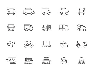 Travel and Transport line icon set. Containing car, bike, plane, train, bicycle, motorbike, bus and scooter icons. Transportation Simple line icon collections