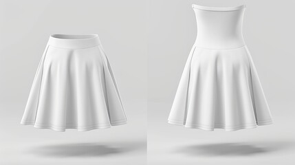 Blank white womens mini skirt mockup front and back view 3D rendering Empty elegant short dress or gown for girls outfits mockup isolated Clear casual fabric Aline clothing