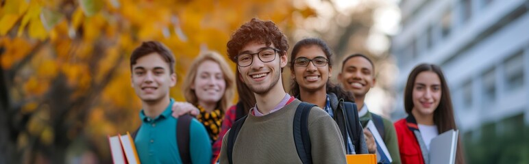 Obraz premium A group of students smiles against the background of the university, holding books and backpacks