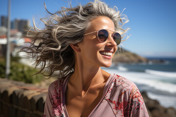A woman with long gray hair and sunglasses on a beach